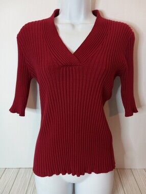 It's Our Time Y2K Deep Red Ribbed Fitted V-Neck Short Sleeve Sweater Top